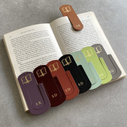 Initialled Eco Leather Paperclip Bookmark with Book Motif