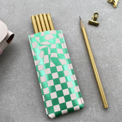 Checkered Recycled Leather Pouch with 5 Pencils