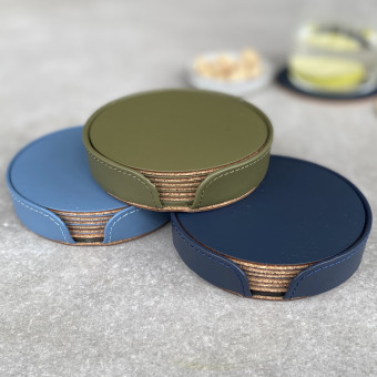 Set of Six 23cm Circular Table Mats in a Holder, Crafted from Recycled Leather